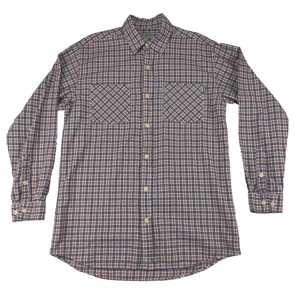 Carhartt Mens‎ Medium Long Sleeve Plaid Button Front Work Shirt Red White Blue